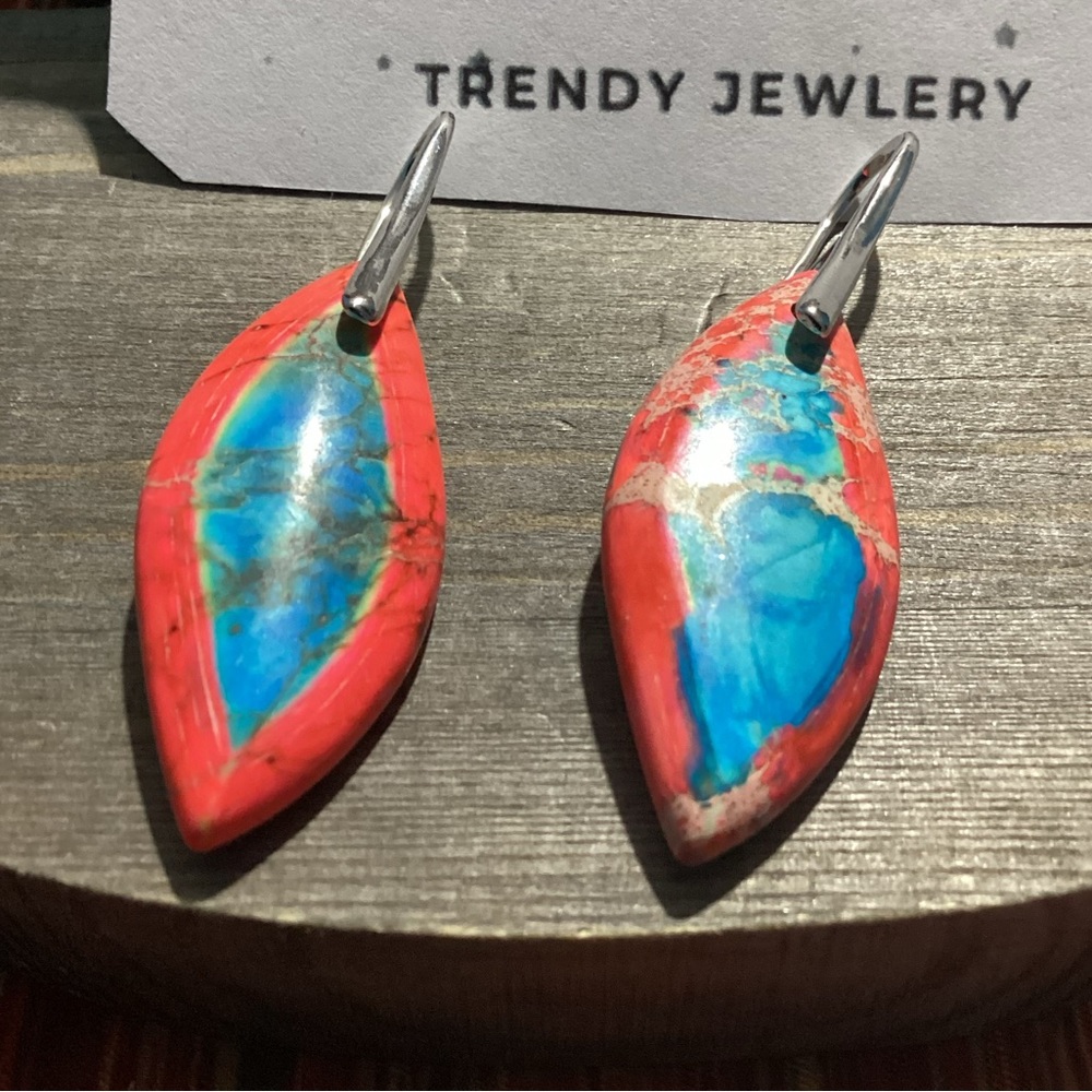 💙Orange & Blue Curvy  Jasper Stone Geometric Drop  Boho Earrings